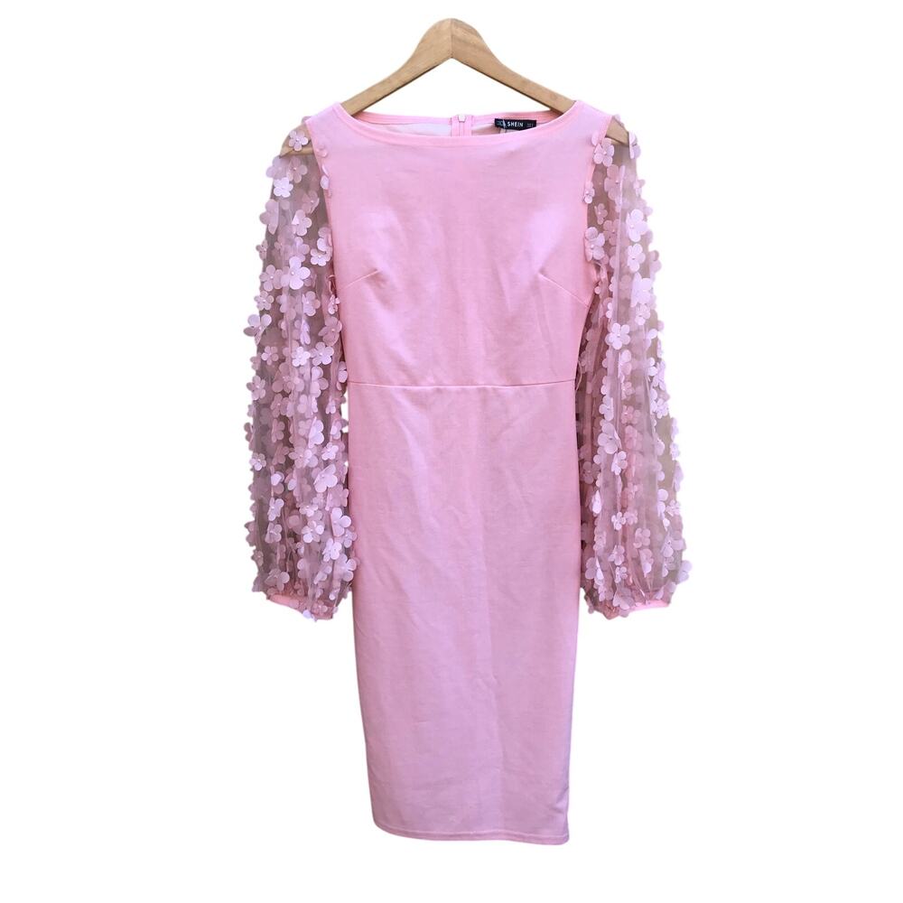 SHEIN light baby blush pink sheer balloon sleeve cherry blossom flower dress